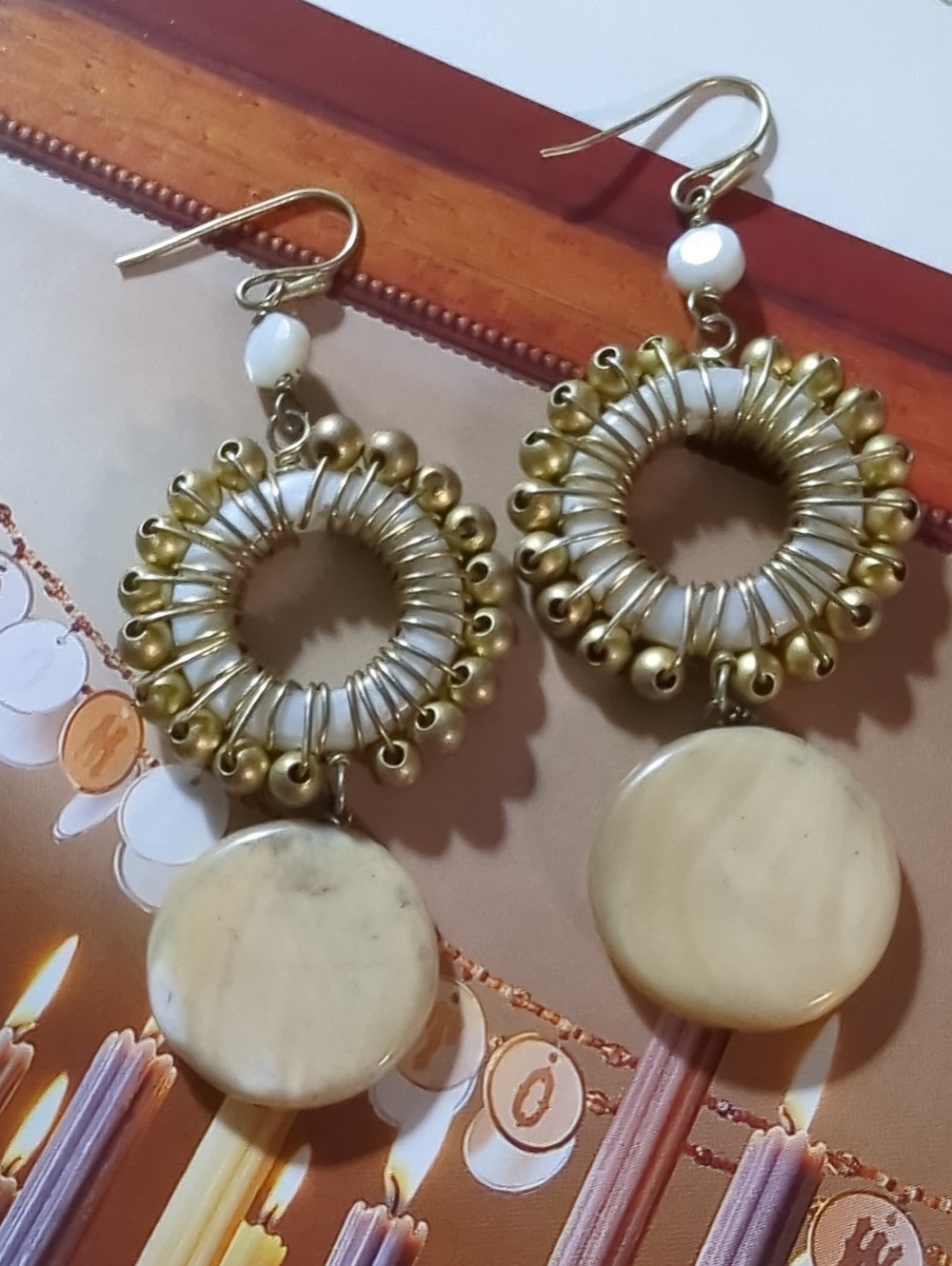 Big Round Vintage Gothic Earrings 3" Long Gold Alloy & Enamel